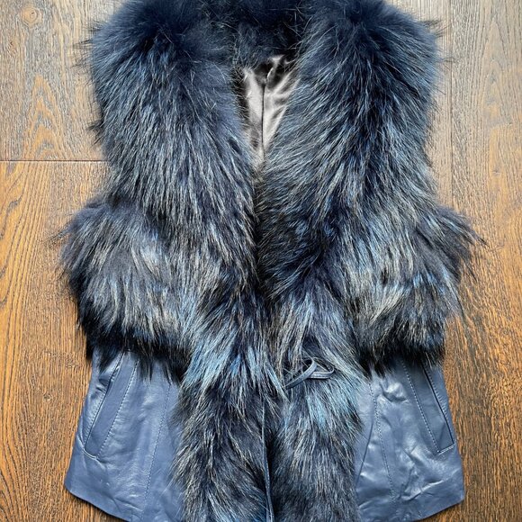 NWOT Leather Vest Navy Blue Real Fox Fur S size - Picture 7 of 16